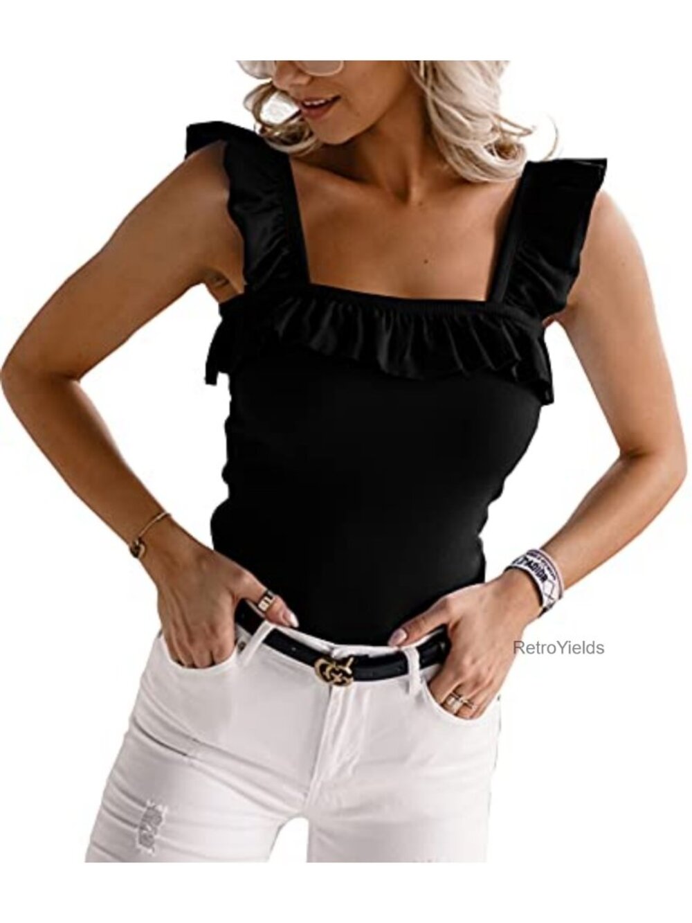 Women's Cute Ruffle Strap Sleeveless Square Neck Knitted Camisole Tank Top